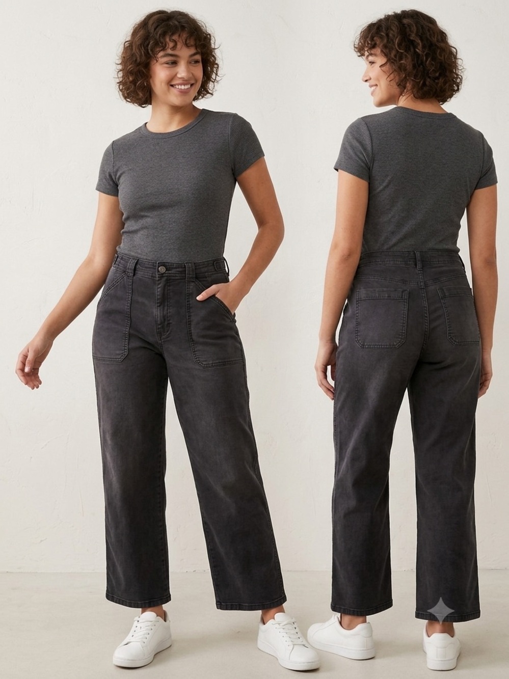 ⁠American Eagle High Waist Wide Leg Stretch Utility Cargo Pants Black 14⁠